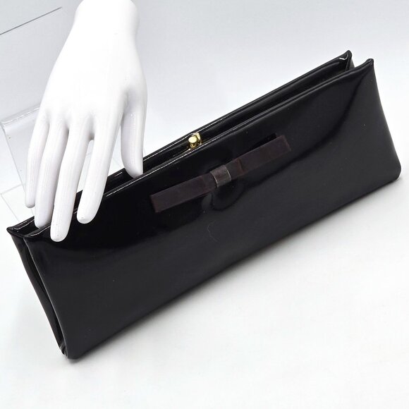 Henry Levine – Vintage Black Patent Clutch / Handbag with Bow Accent - Picture 1 of 16